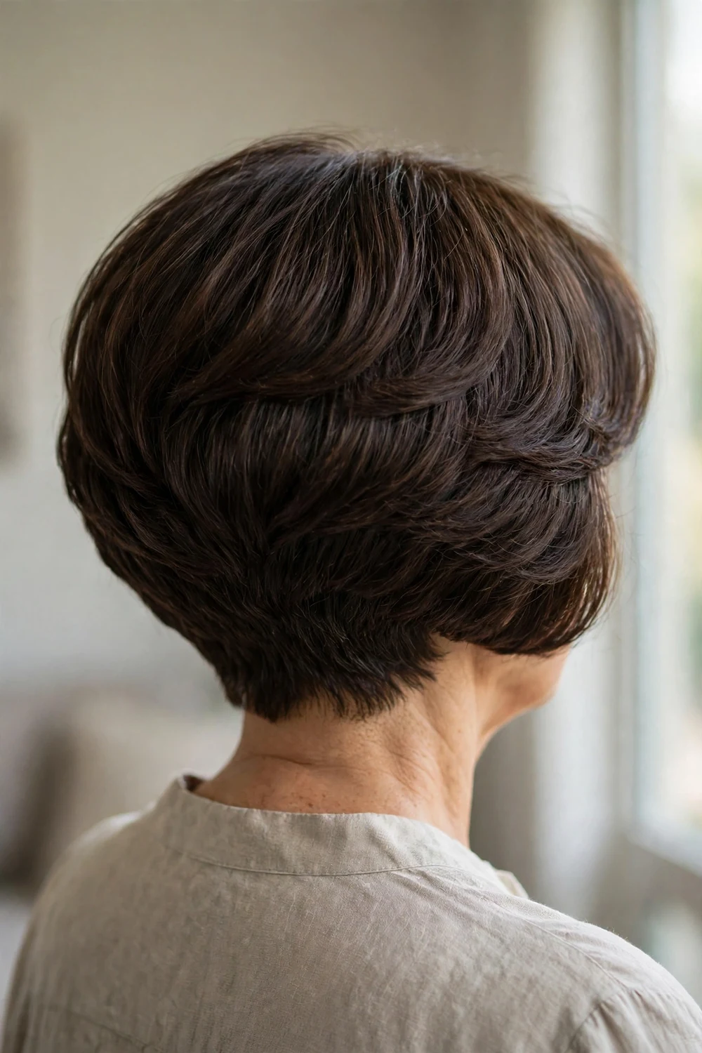 Back view of a stacked bob haircut with graduated inverted layers creating rounded volume