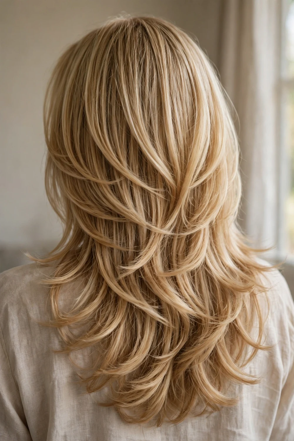 Back view of golden blonde long hair styled in cascading soft layers with face-framing pieces