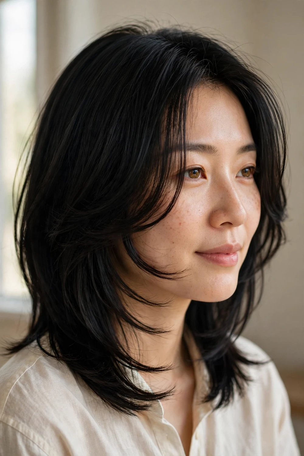 Woman with black medium-length hair styled with face-framing soft layers around the front