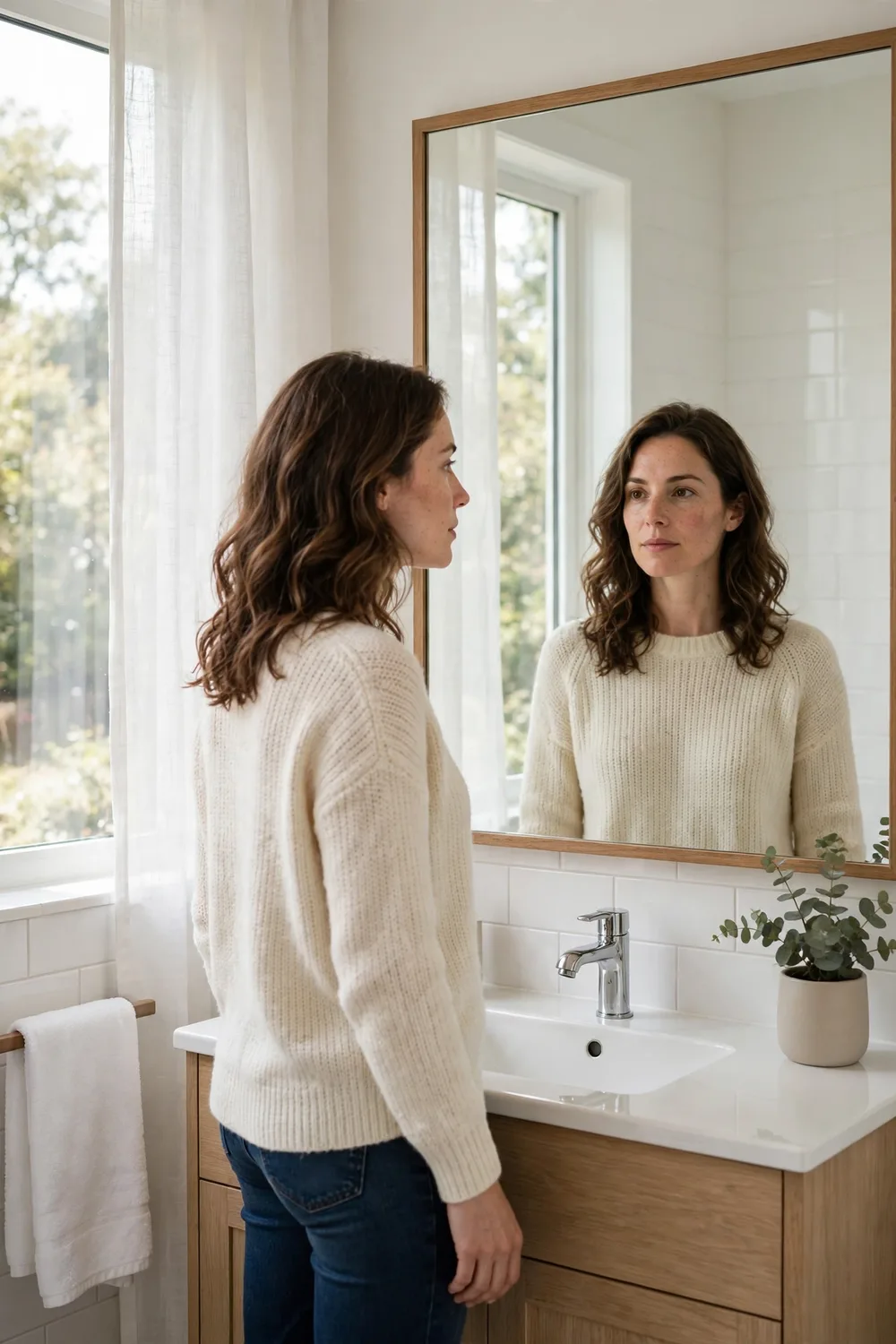Woman identifying her face shape in a mirror while choosing a new hairstyle