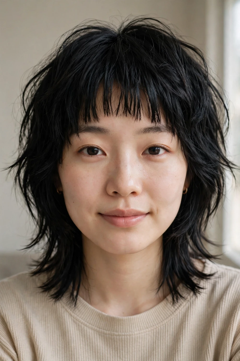Woman with black hair in an indie shag with razor-cut layers and choppy bangs