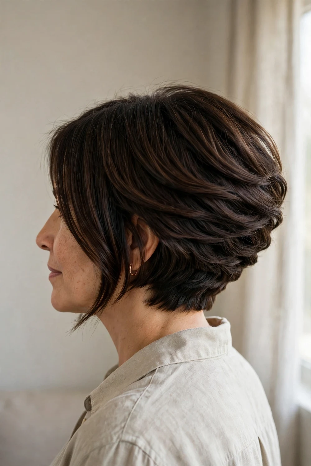 Inverted angled bob with stacked back layers on a woman with a round face, dark brown hair