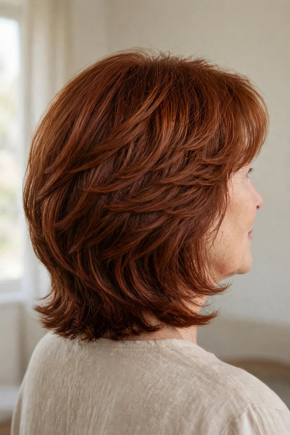 53-year-old woman with auburn inverted bob, back view