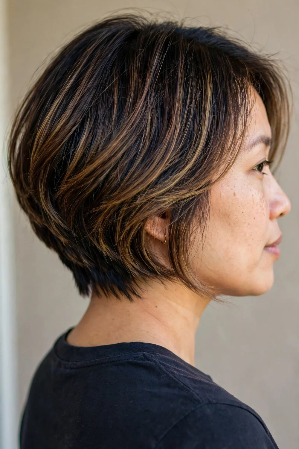 Inverted bob with balayage highlights following the angled cut