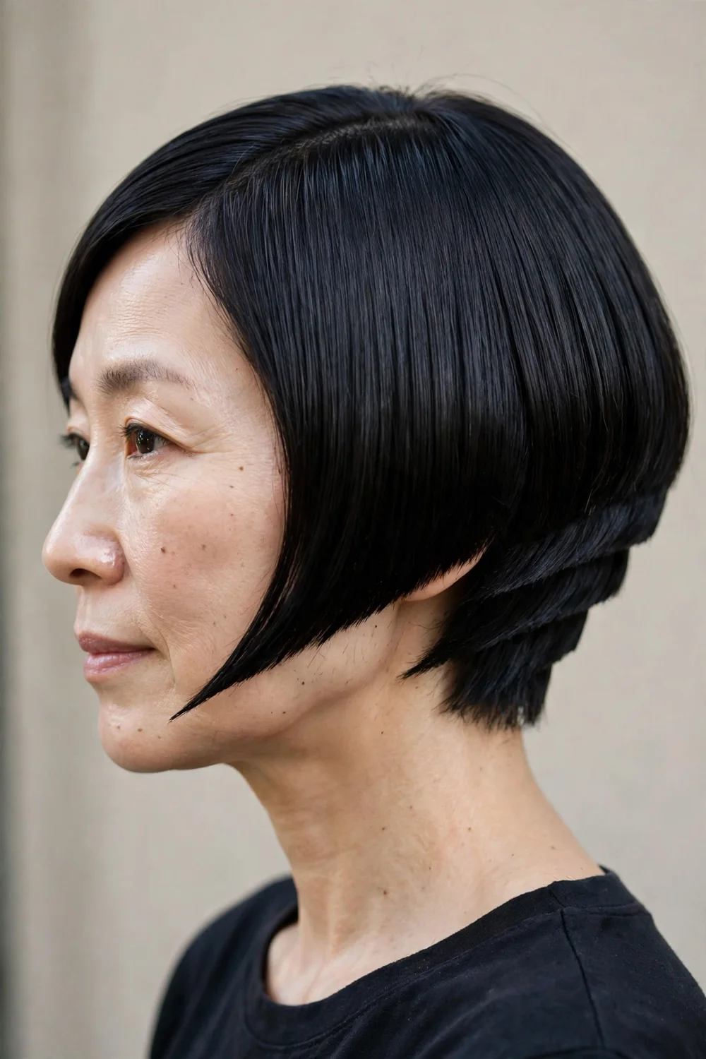 Jet black inverted bob with glossy dark hair and sharp angle