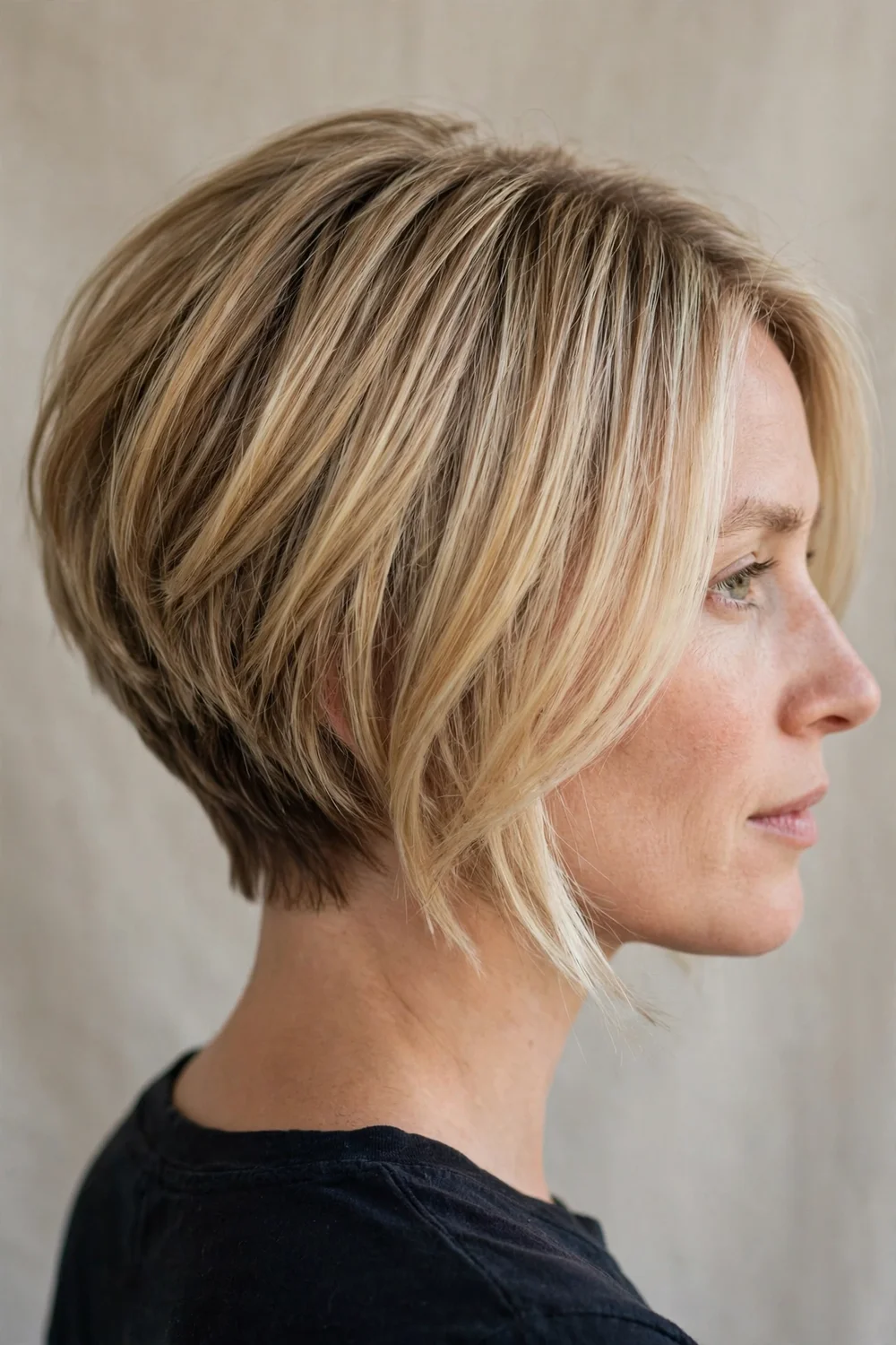 Blonde blend inverted bob with honey and platinum tones, stacked back and longer front