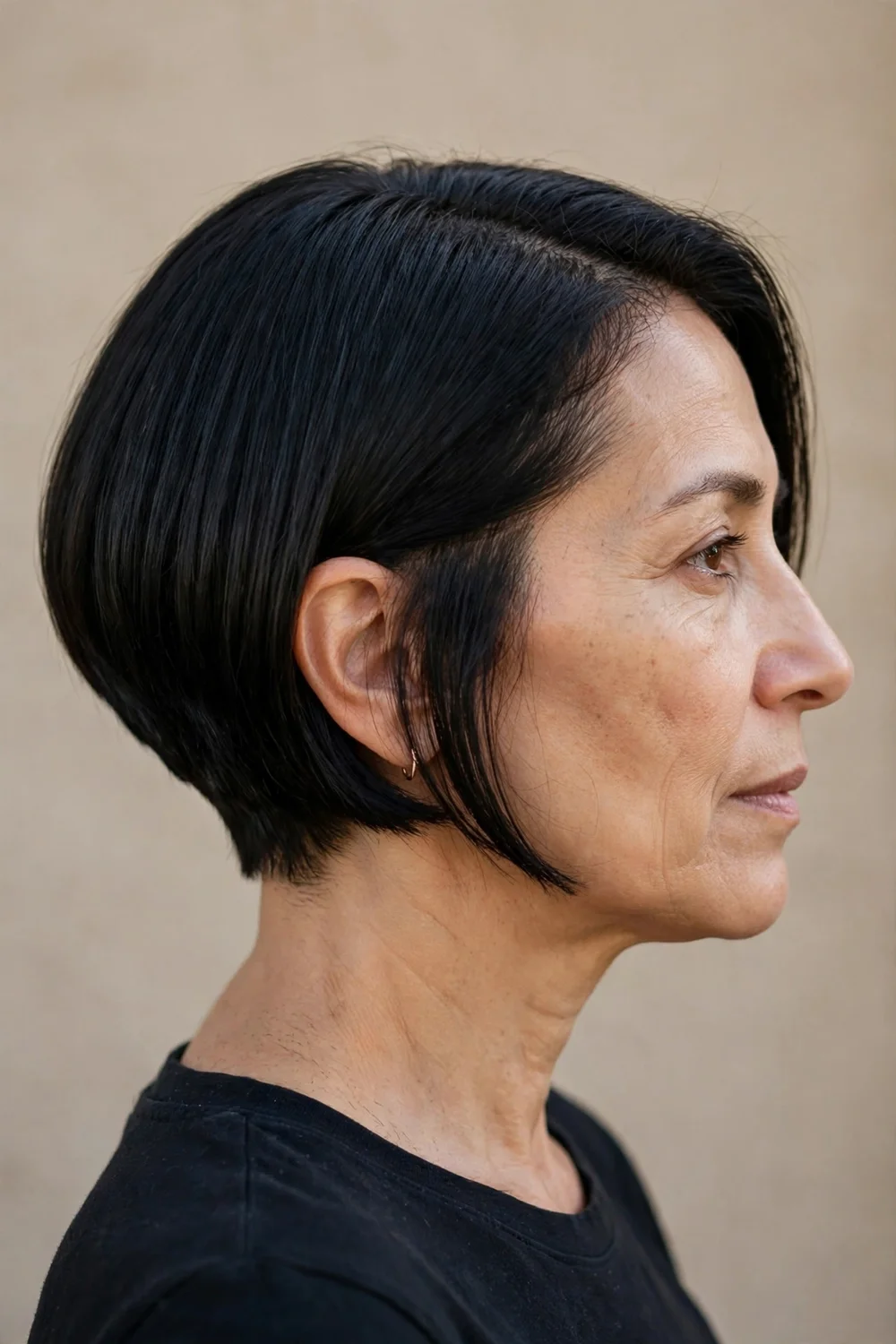 Blunt cut inverted bob with sharp clean ends and angled shape