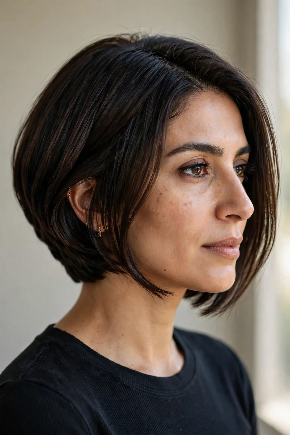 Rich brunette inverted bob with glossy dark brown color and angled cut