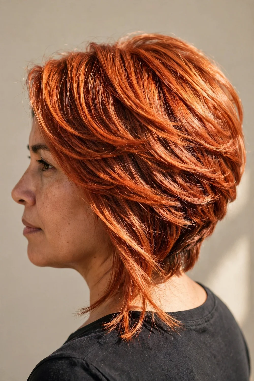 Copper inverted bob with warm reddish-orange color and angled shape