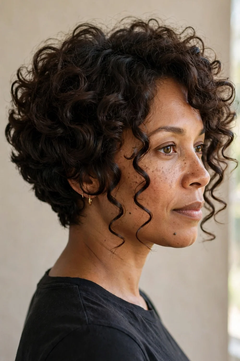 Curly inverted bob with defined natural curls and rounded stacked back