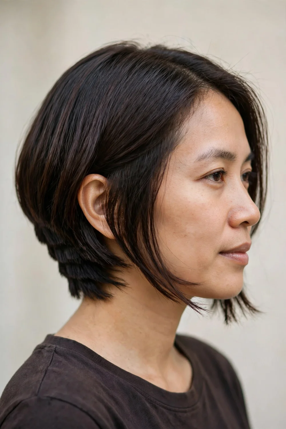 Dark brown inverted bob with a smooth angled cut and soft shine