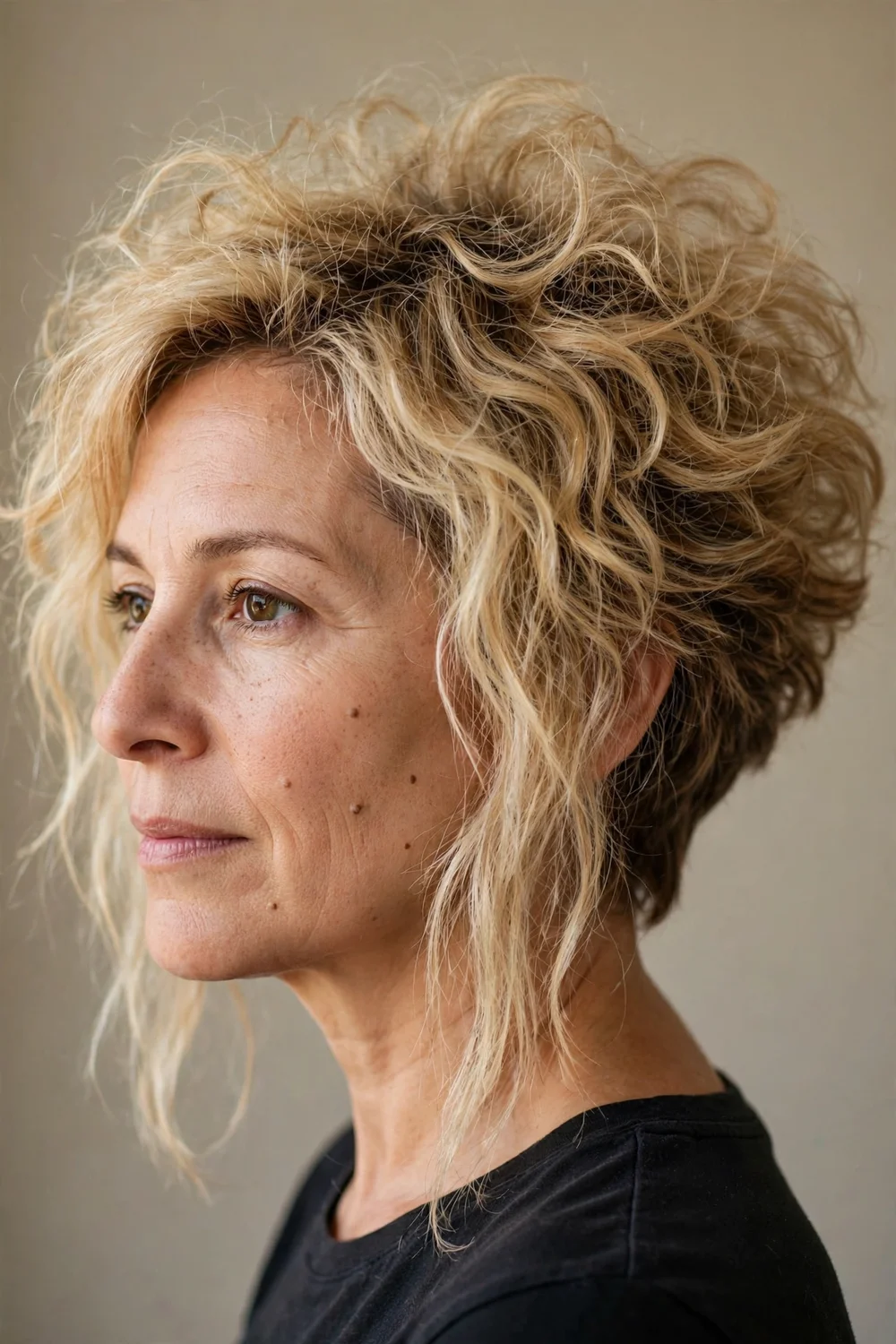 Frizzy blonde inverted bob with natural texture and angled shape