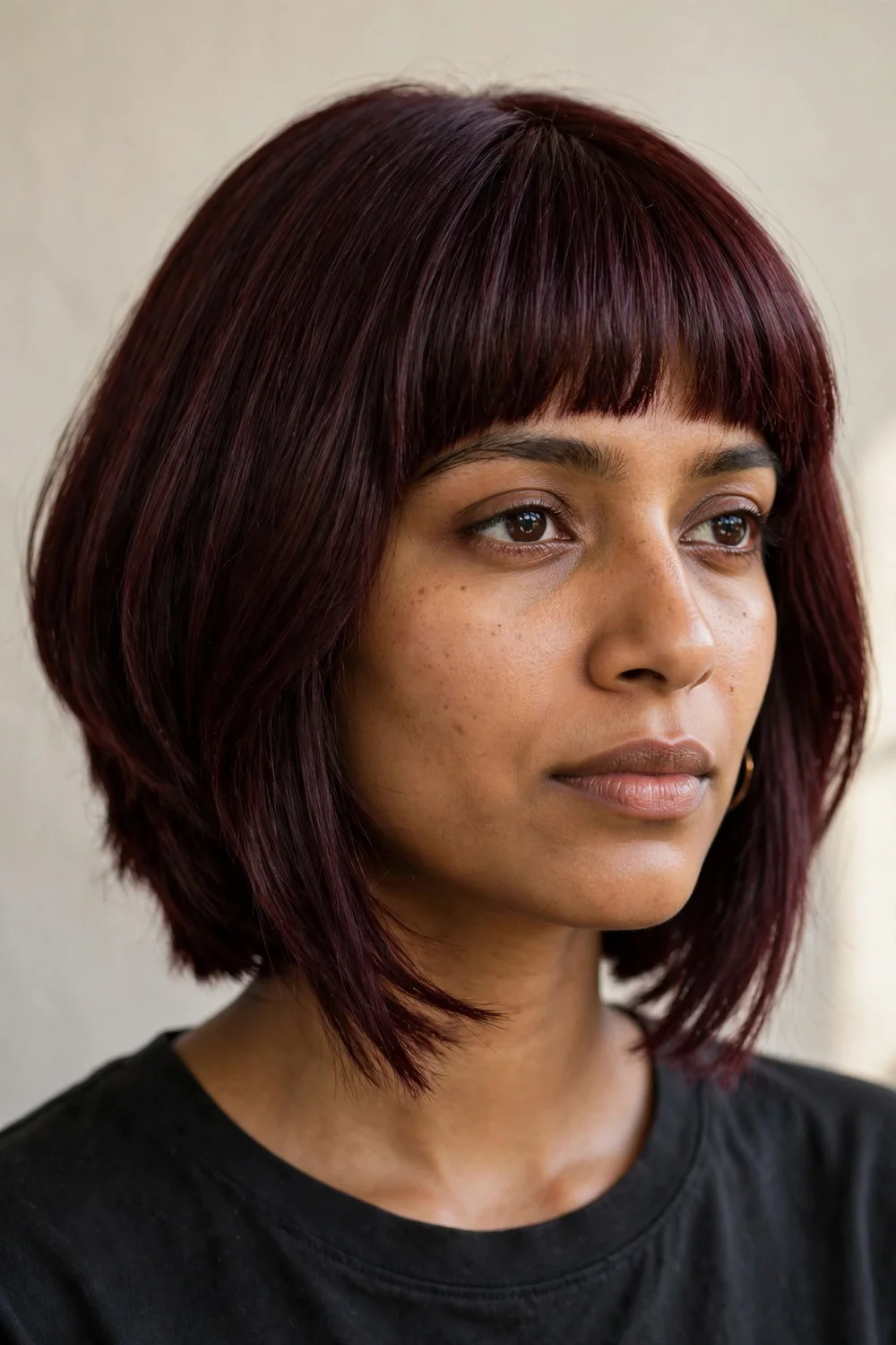 Inverted bob cut with a full thick fringe and angled sides