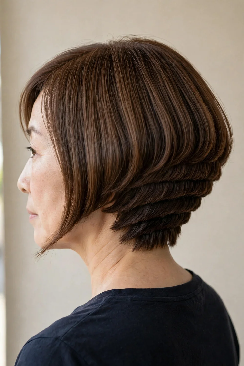 Graduated inverted bob with curved stacked layers at the nape