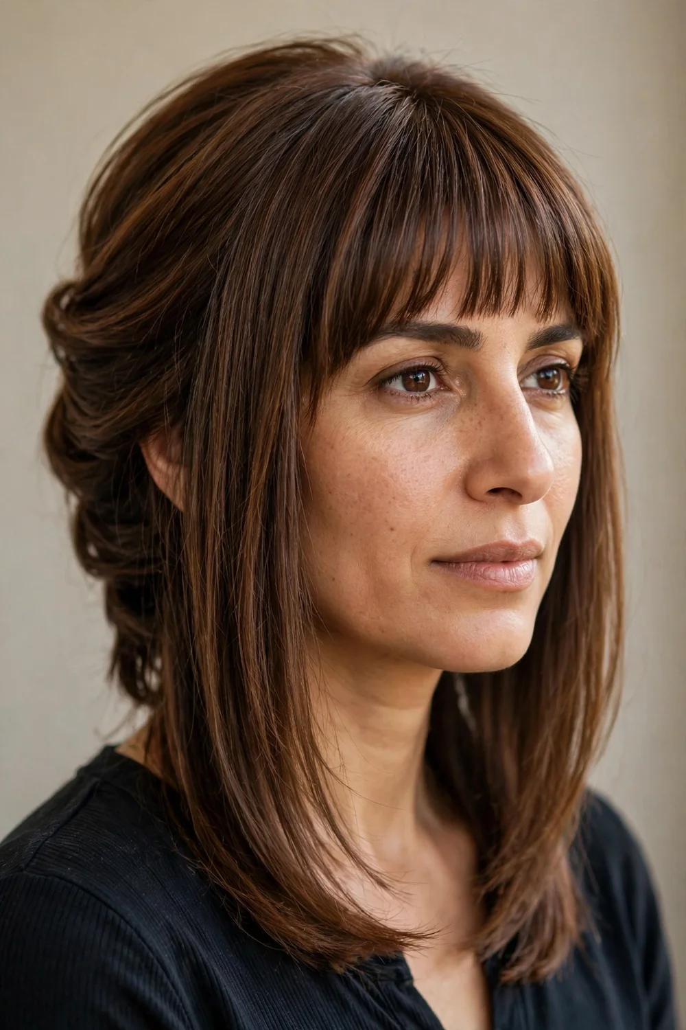 Inverted lob with bangs, longer length and angled front pieces