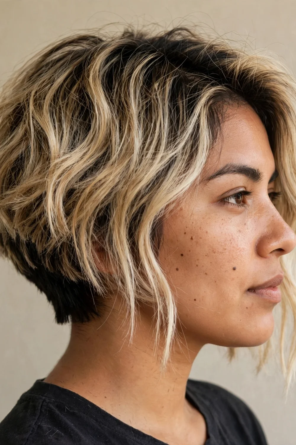 Lived-in inverted bob with tousled texture and crisp clean edges