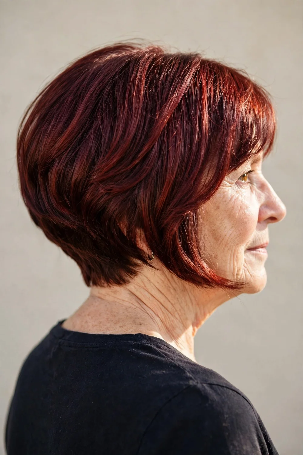 Maroon inverted bob with rich red-brown color and stacked back