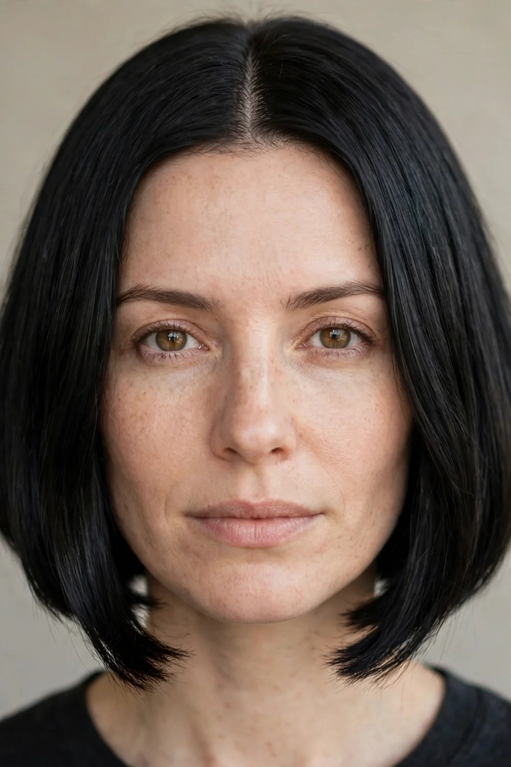 Inverted bob with a center part and symmetrical angled front pieces