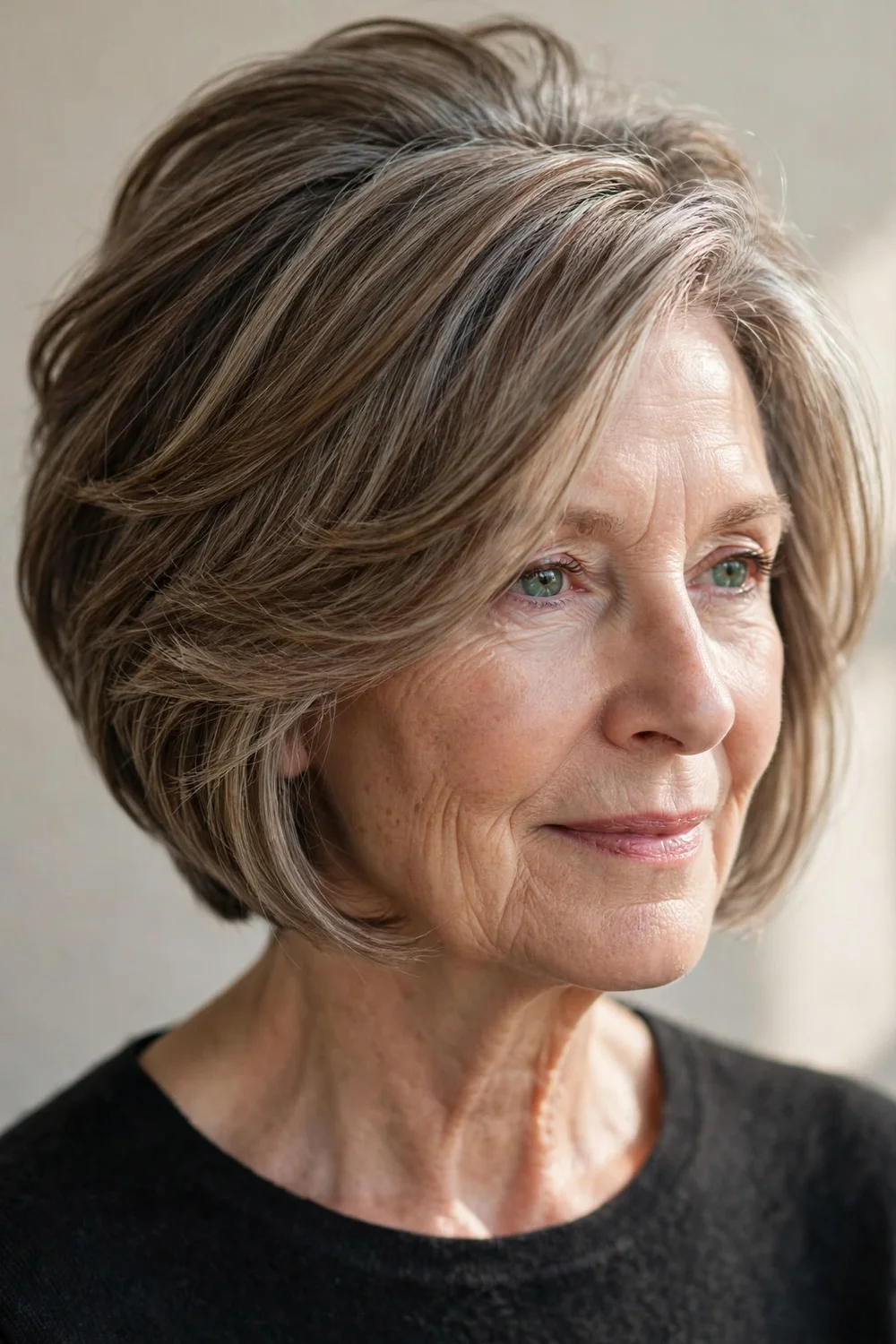 Inverted bob for older women with soft layers and polished finish