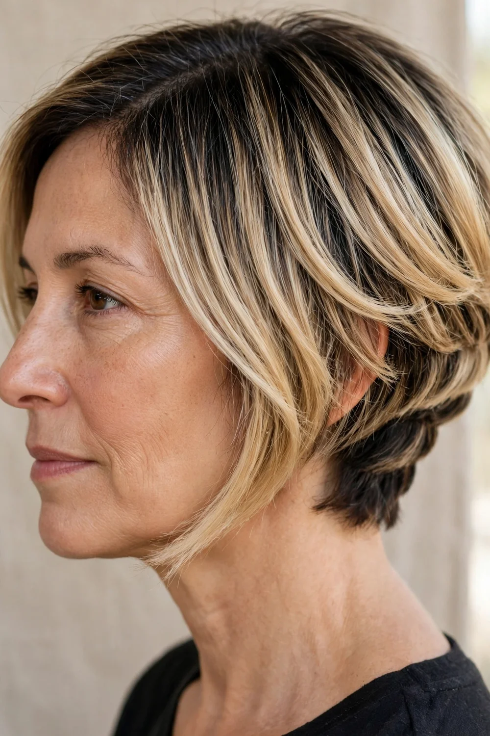Inverted bob with shadow root, darker roots melting into lighter ends