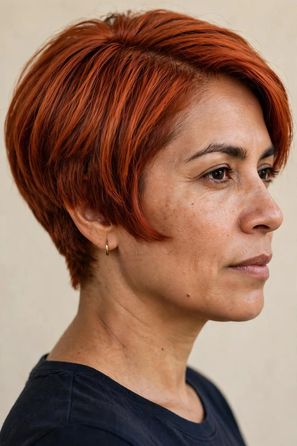 Short inverted haircut with cropped back and angled front pieces