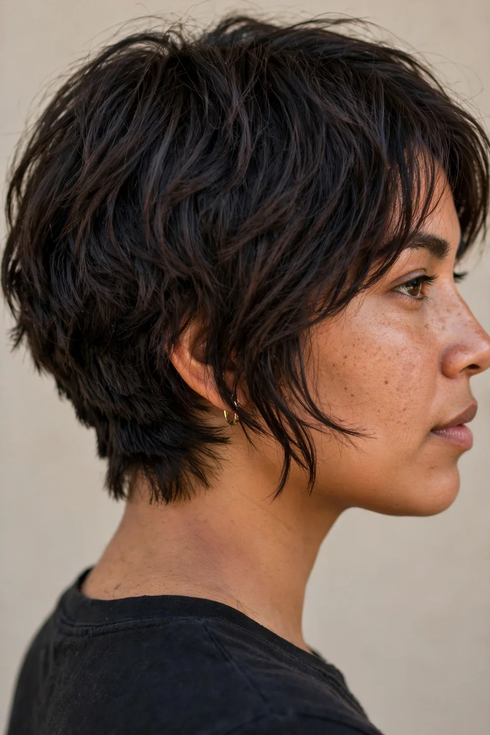 Short layered inverted bob with choppy texture and angled front