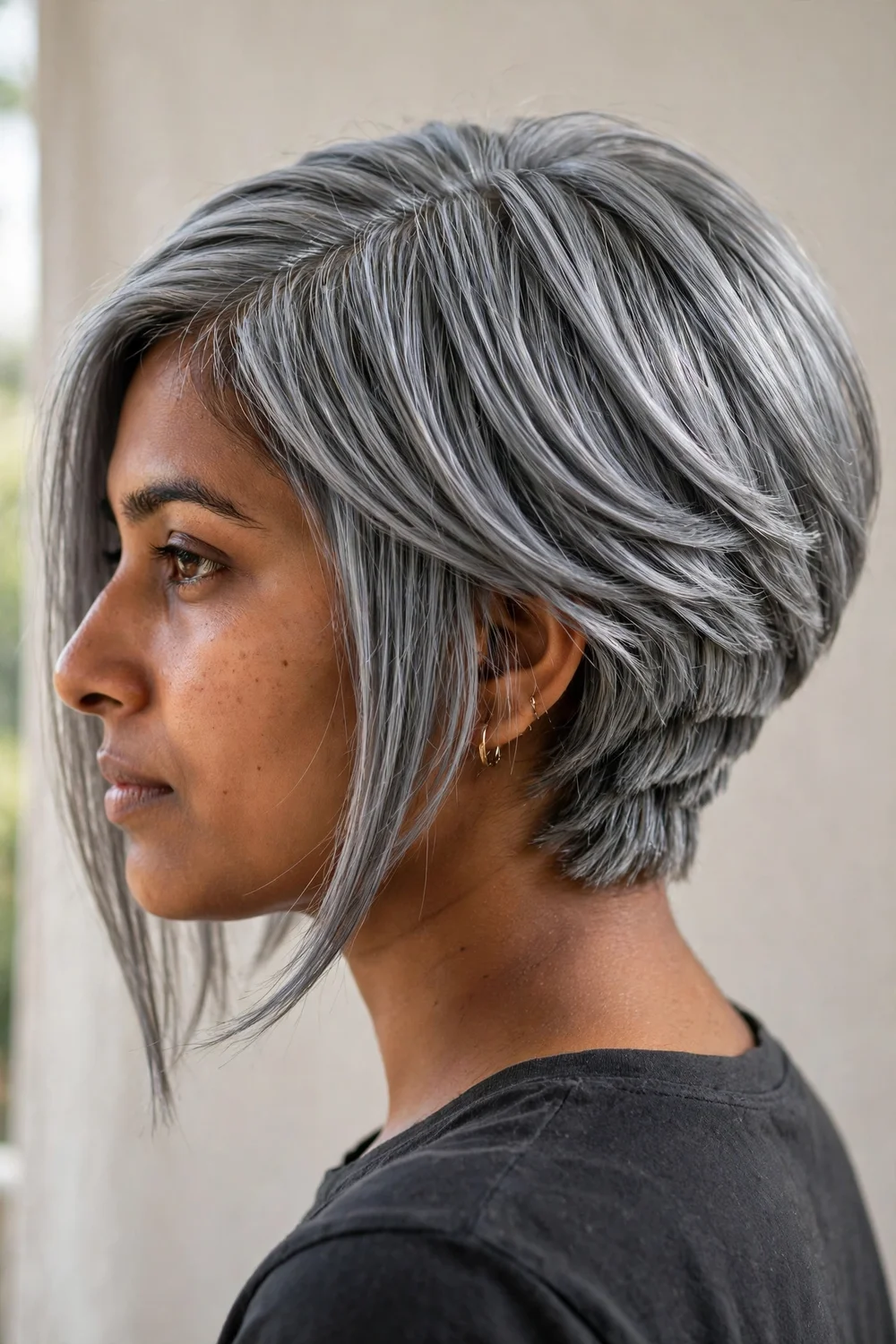 Silver gray inverted bob with metallic gray tones and stacked back