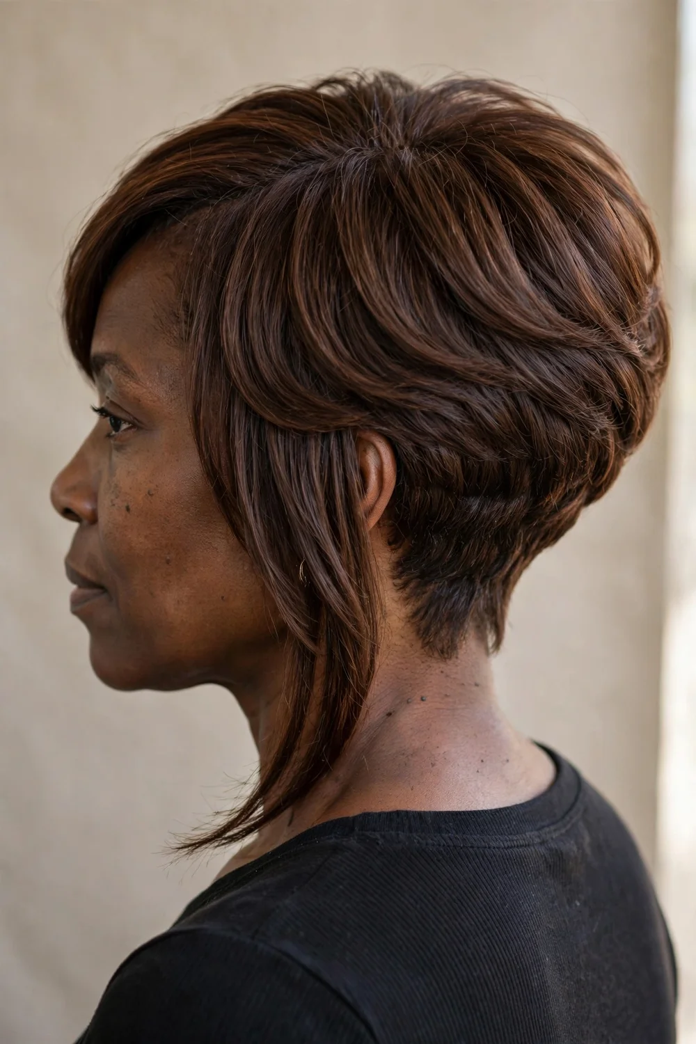 Stacked inverted cut at collarbone length with rounded back volume