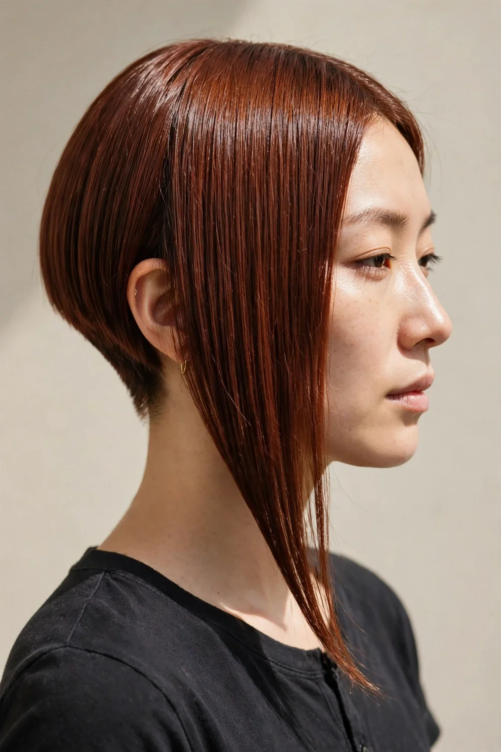 Steeply angled bob with a dramatic slope from short nape to long front