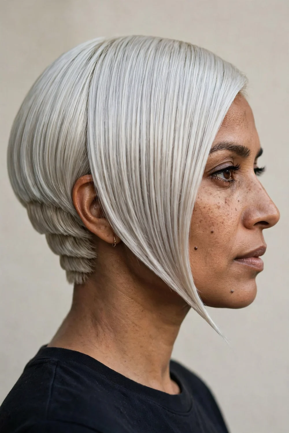 Straight sleek inverted bob with glassy smooth hair and sharp angle