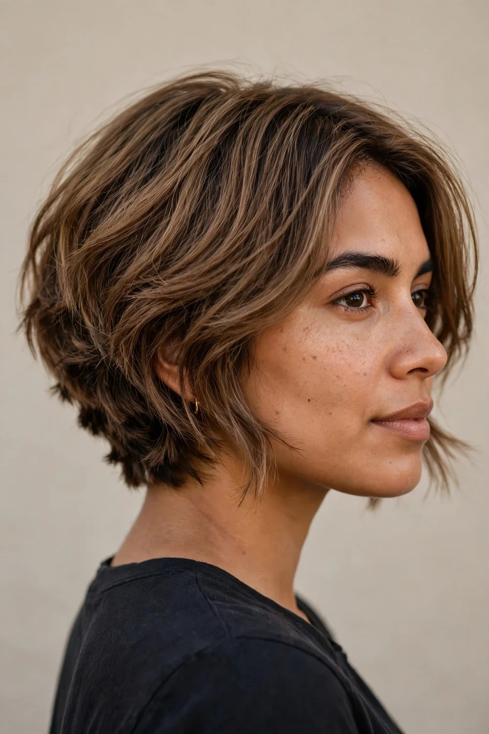 Textured inverted bob with choppy ends and piecey definition