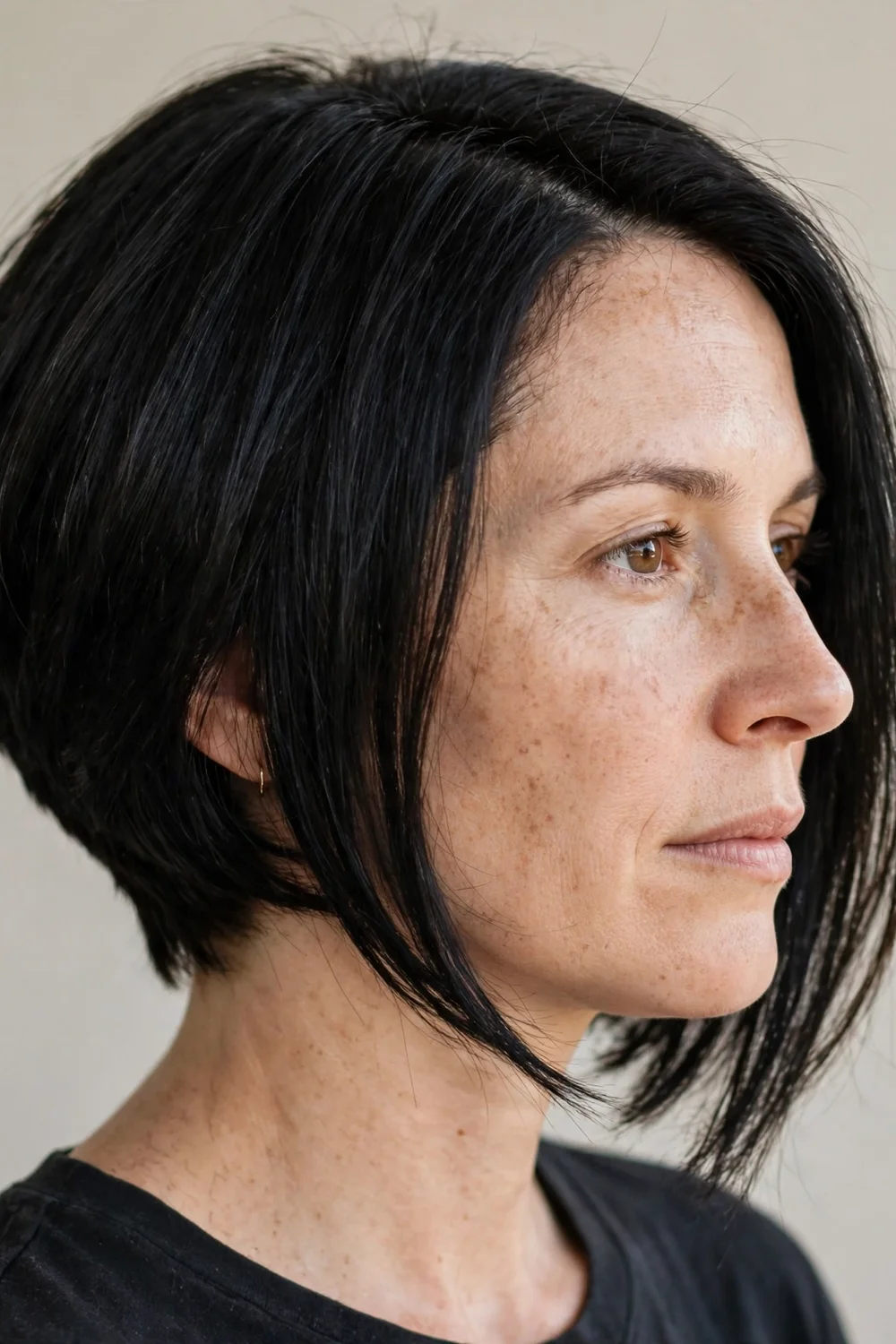 Inverted bob for thick hair with thinned interior and controlled volume