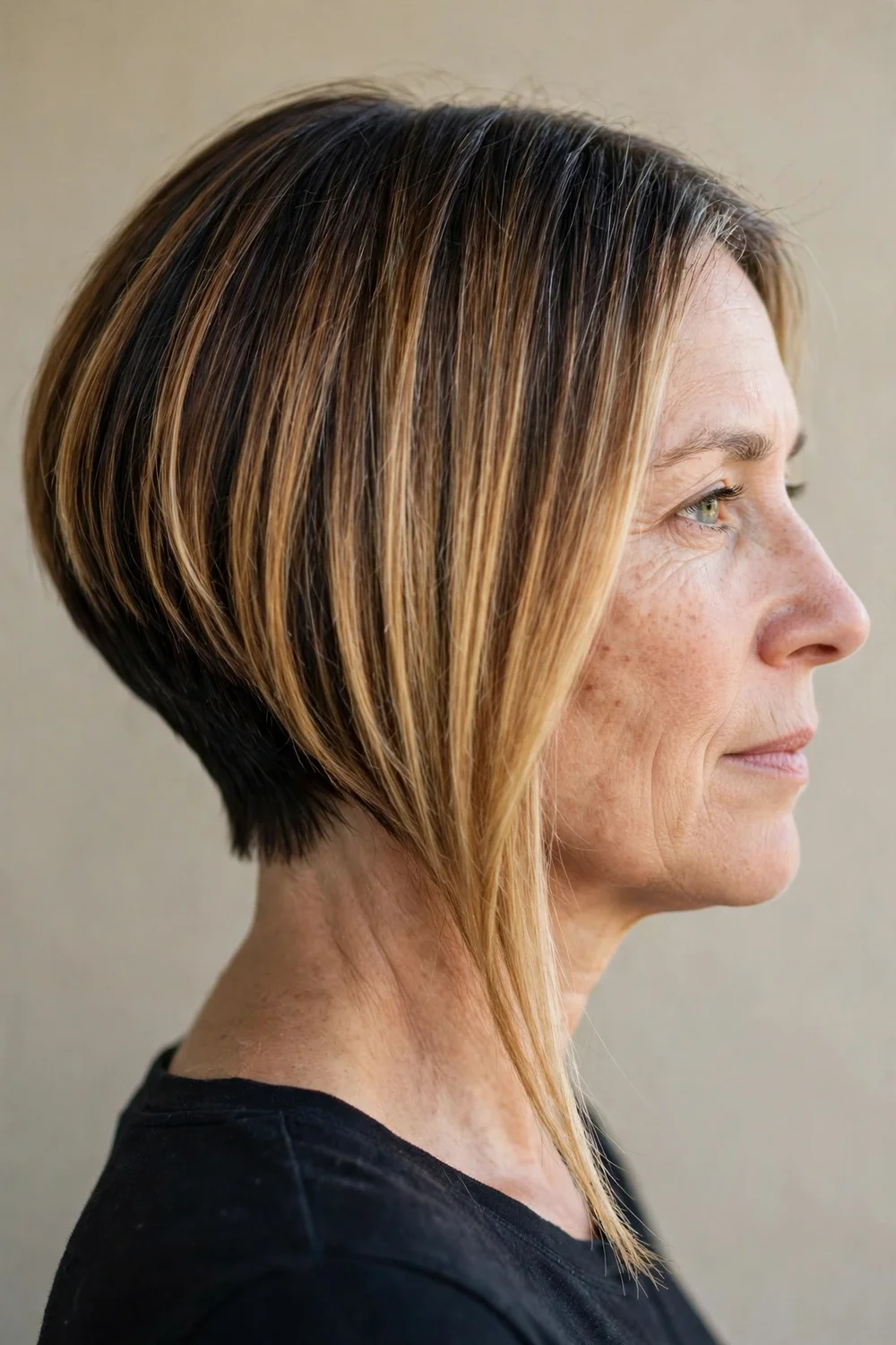 Steeply angled toasted coconut bob with dark roots and blonde ends