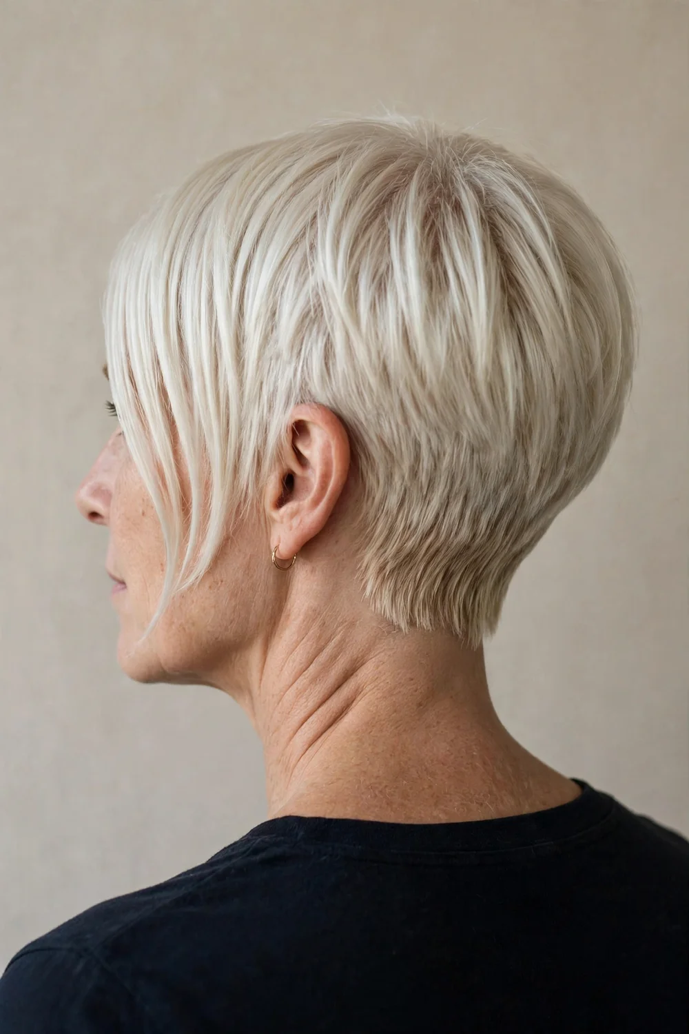 Very short cropped inverted bob with stacked nape and chin-grazing front
