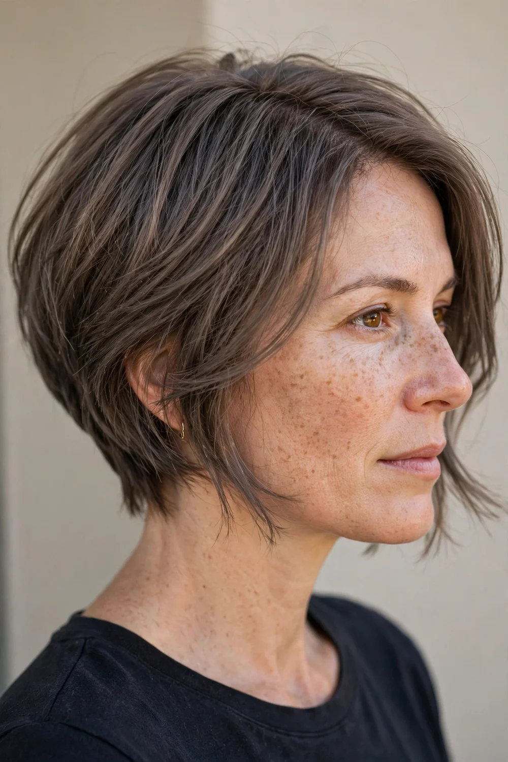 Wispy sliced inverted bob with razor-cut ends and light texture