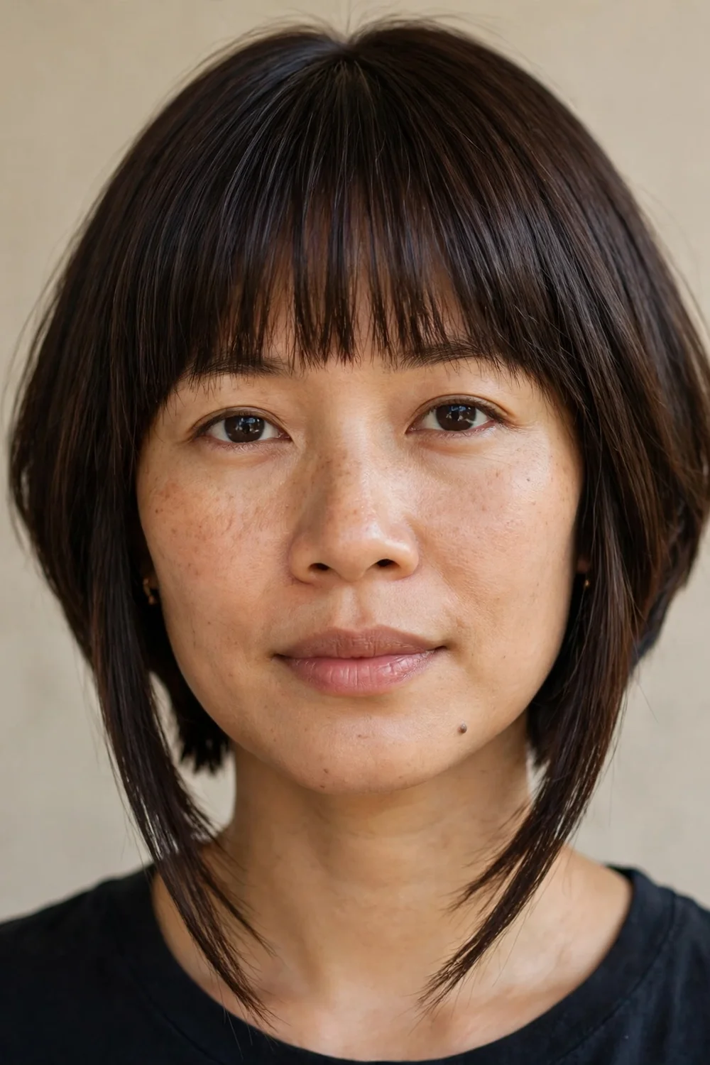 Inverted bob with straight bangs and stacked back