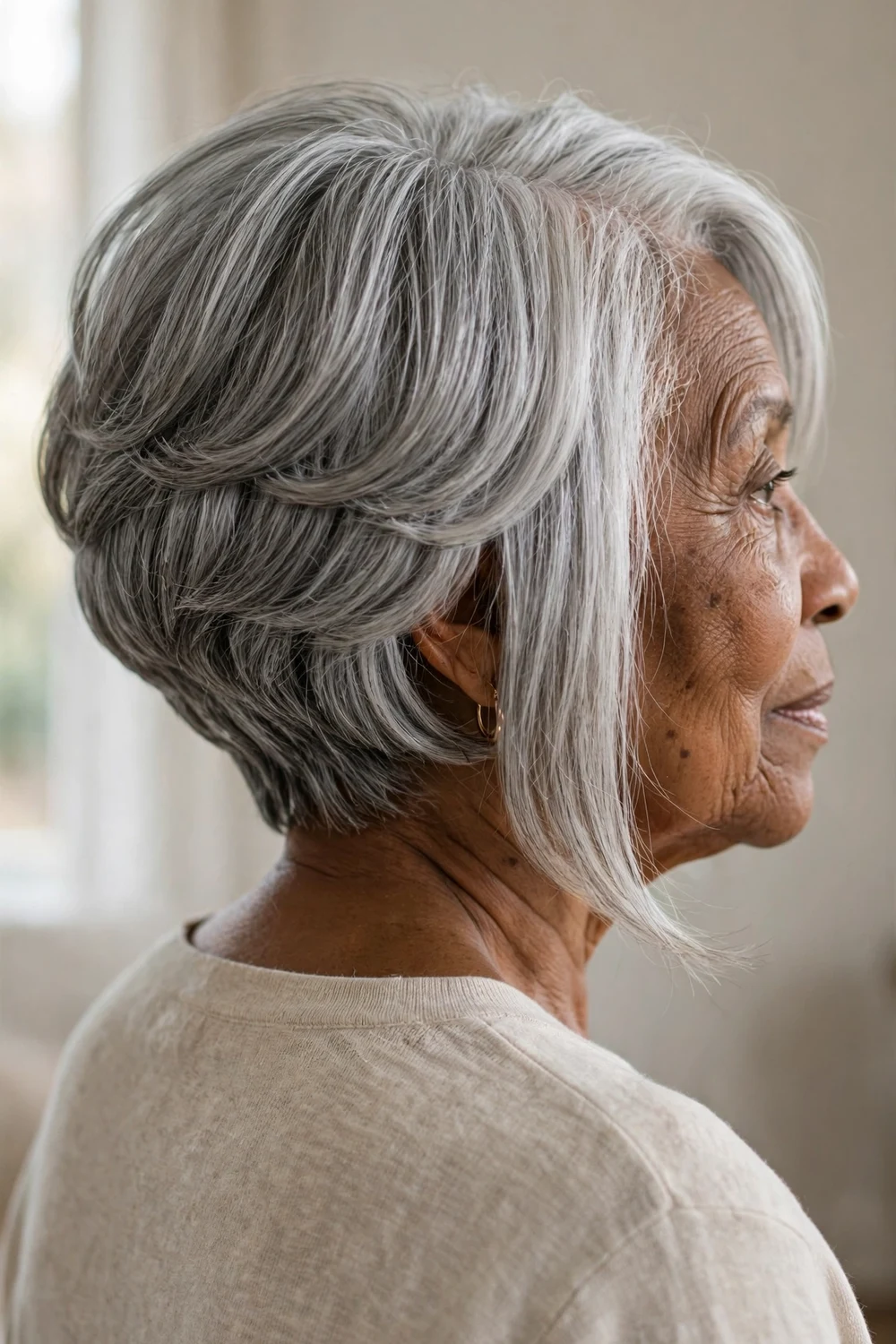 Woman over 60 with inverted bob with stacked volume at the back