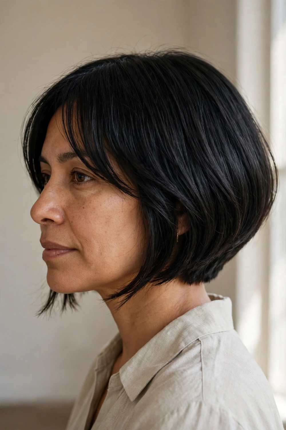 Inverted bob with side bangs on thin hair