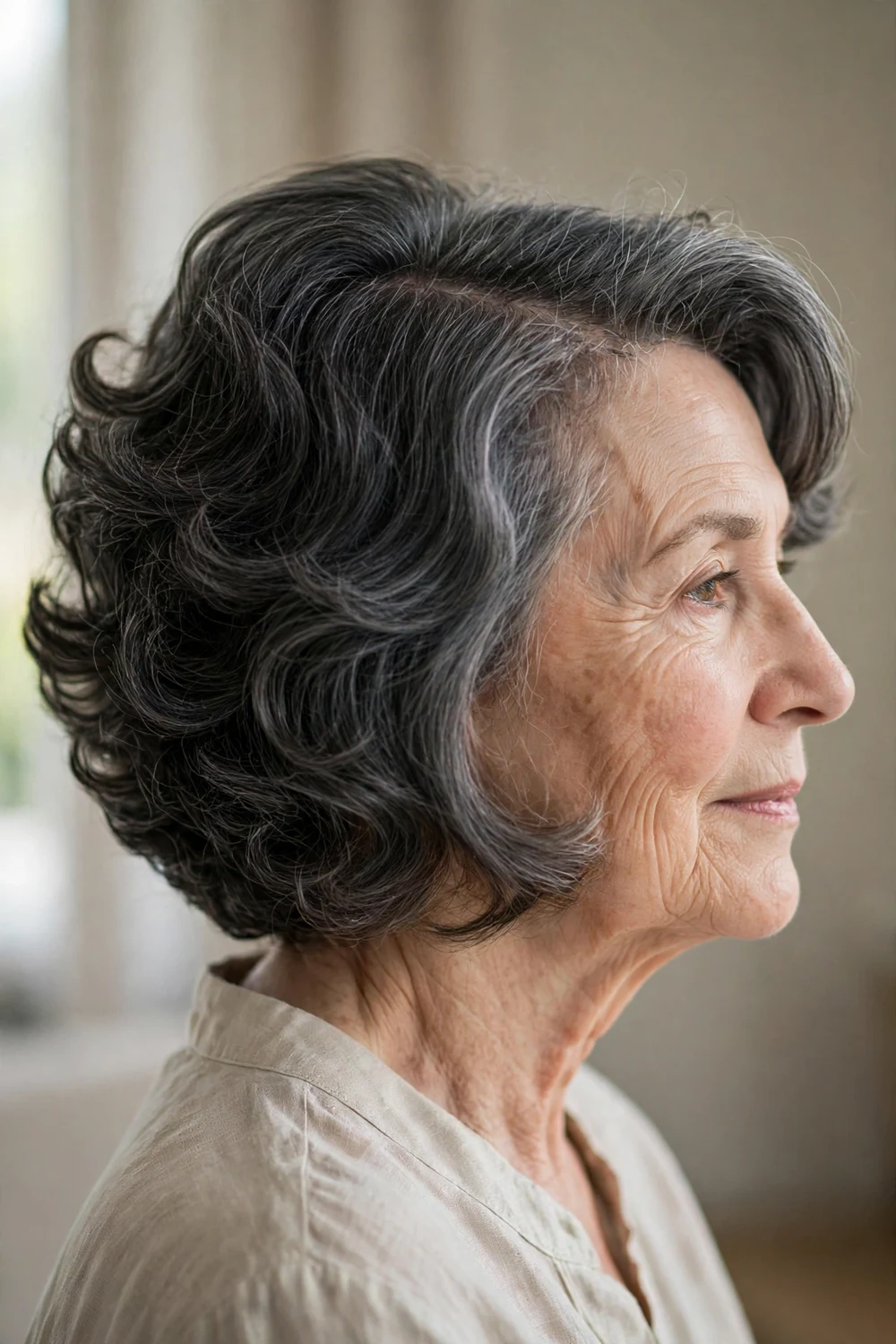 Woman over 60 with a gray inverted curly bob