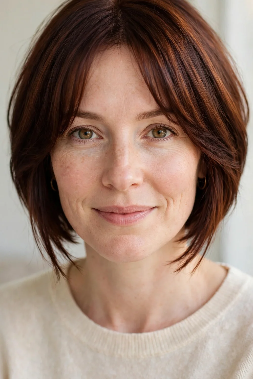 Inverted long bob with curtain bangs, longer in front