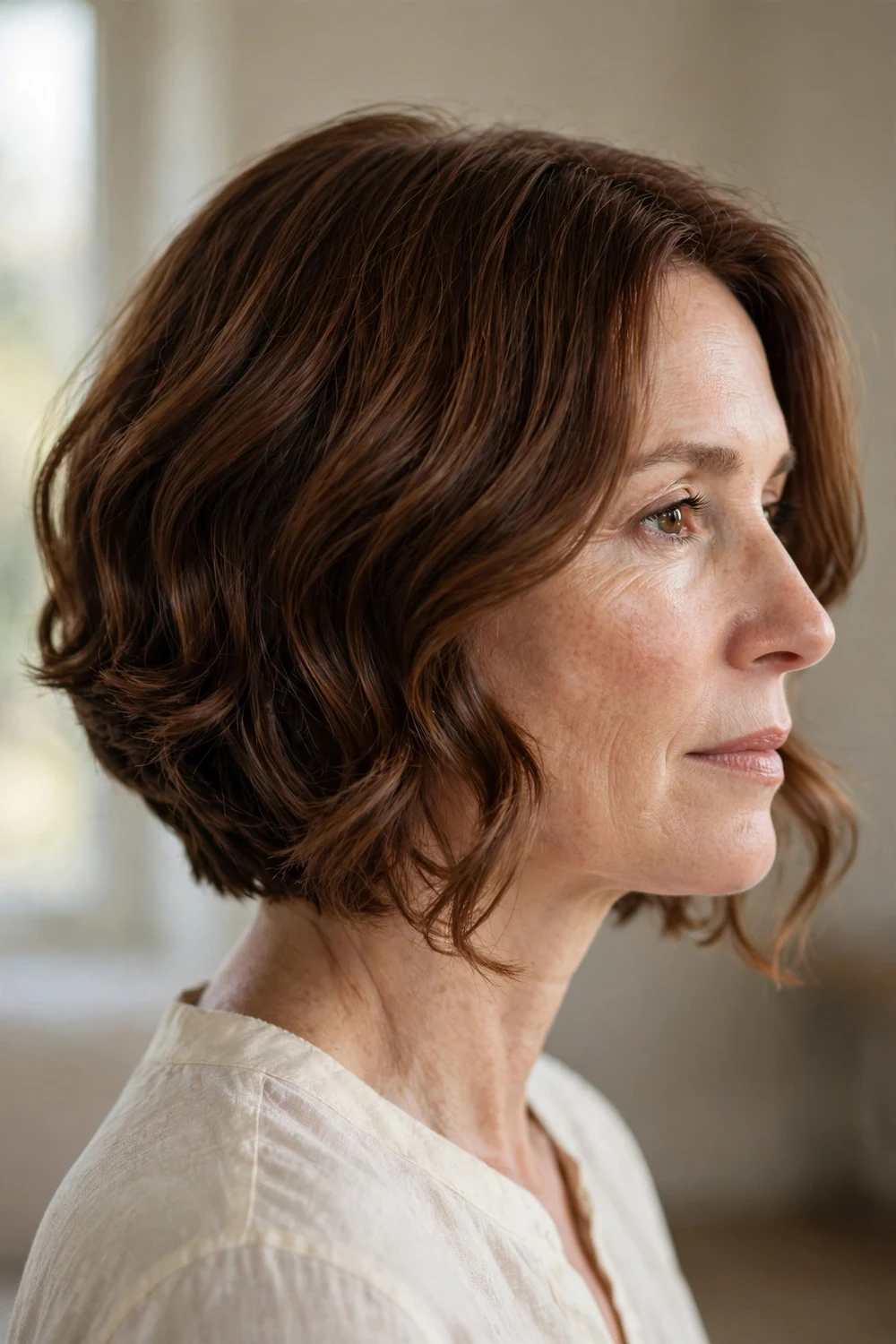 Inverted wavy bob with stacked back on chestnut brown hair, side view