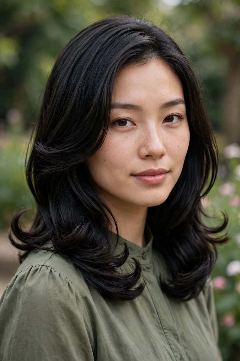 Woman with long brown hair with inward-curving layers, side view showing ends tucked under