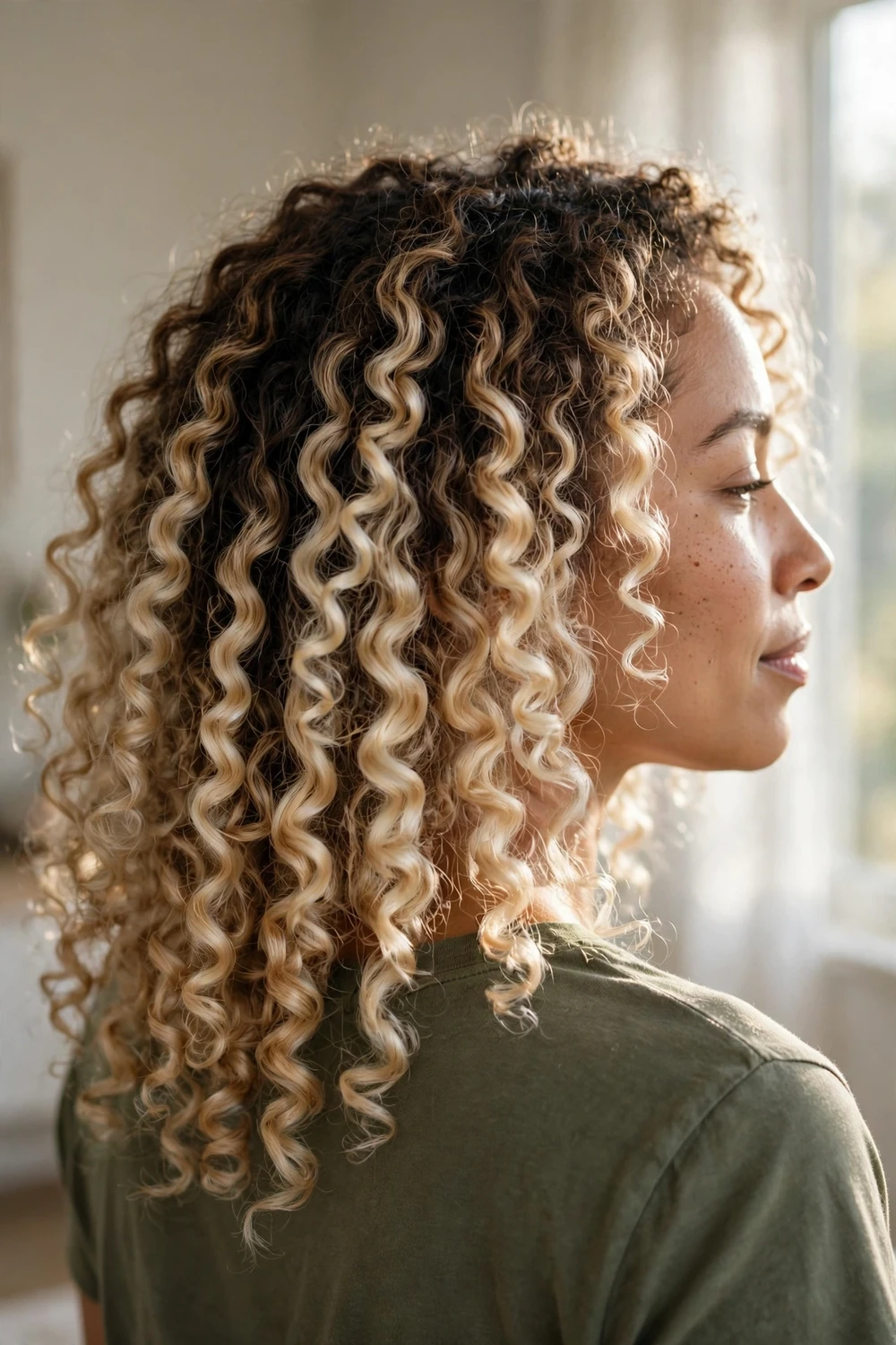 Creamy blonde color melt with brown shadow roots in loose coils