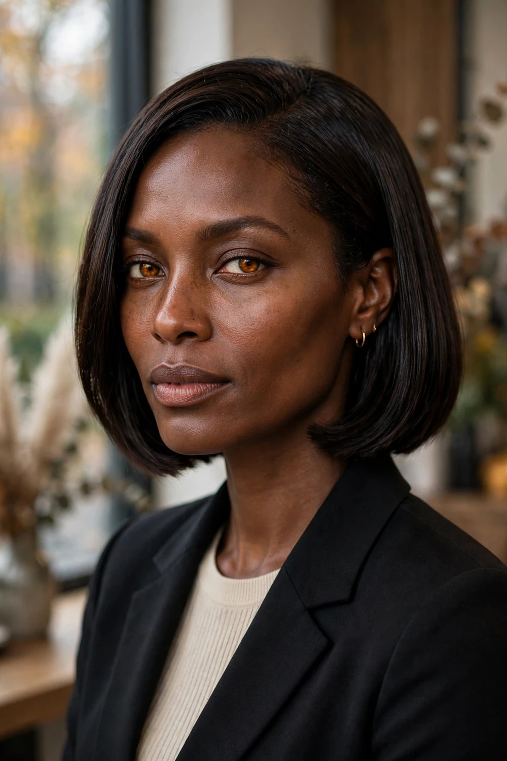 Italian bob haircut, sleek with minimal layers and shorter back
