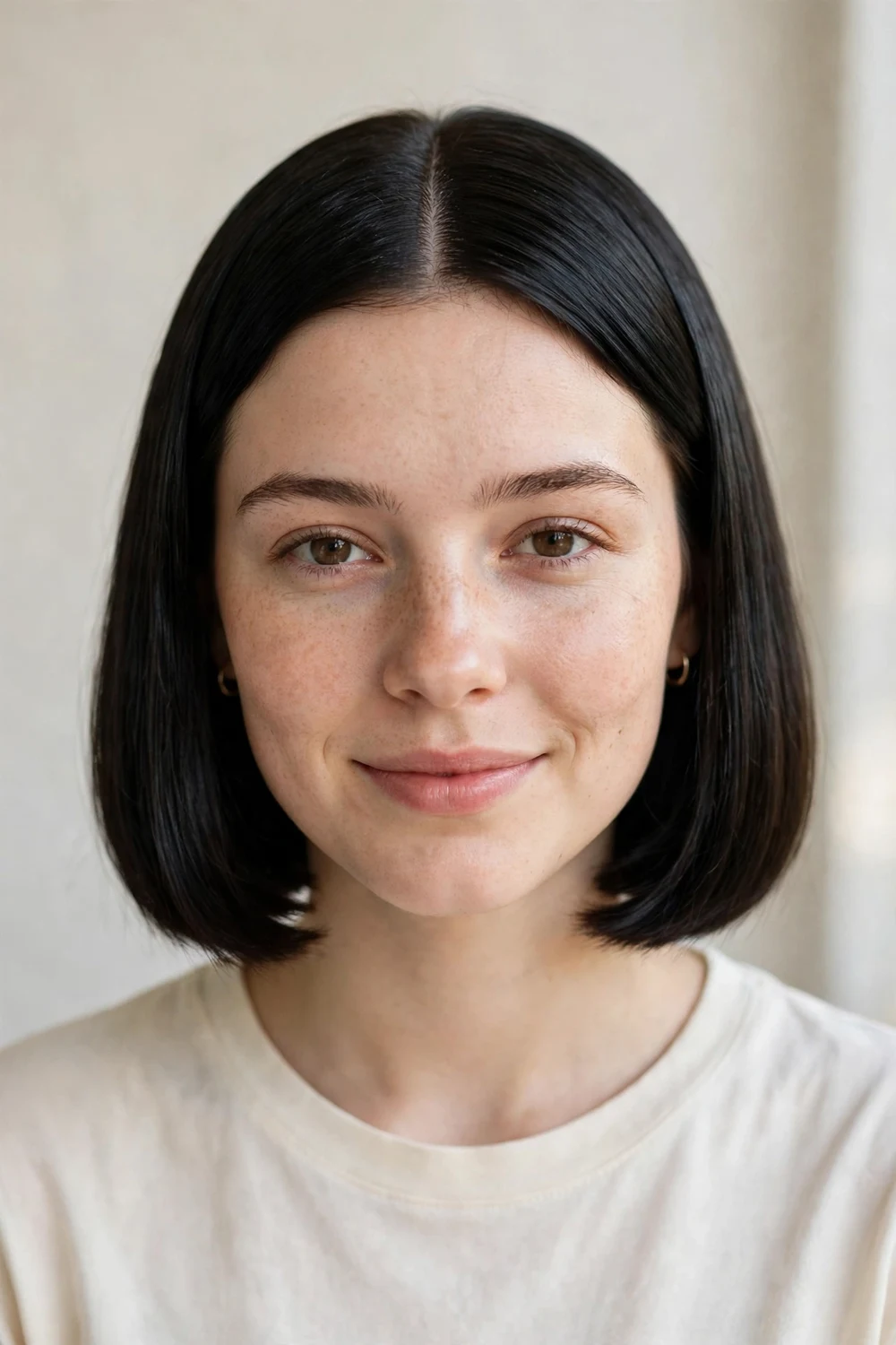 Woman with an italian bob and center part, symmetrical blunt cut