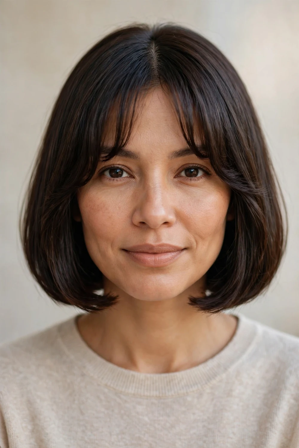 Woman with an italian bob and soft curtain fringe