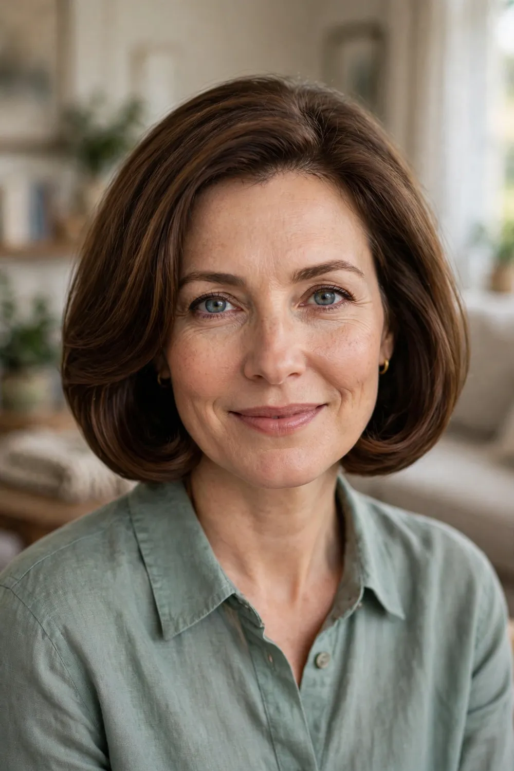 Woman with an oval face wearing a voluminous Italian bob