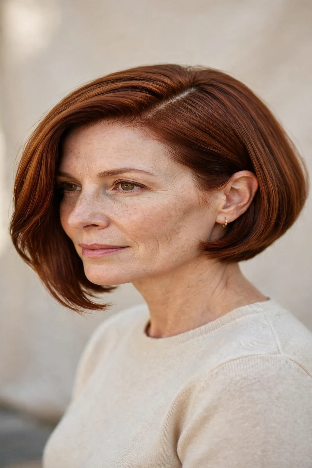 Woman with an italian bob swept to the side, deep side part