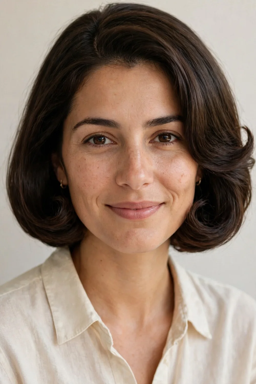 Woman with a voluminous Italian bob with curved ends