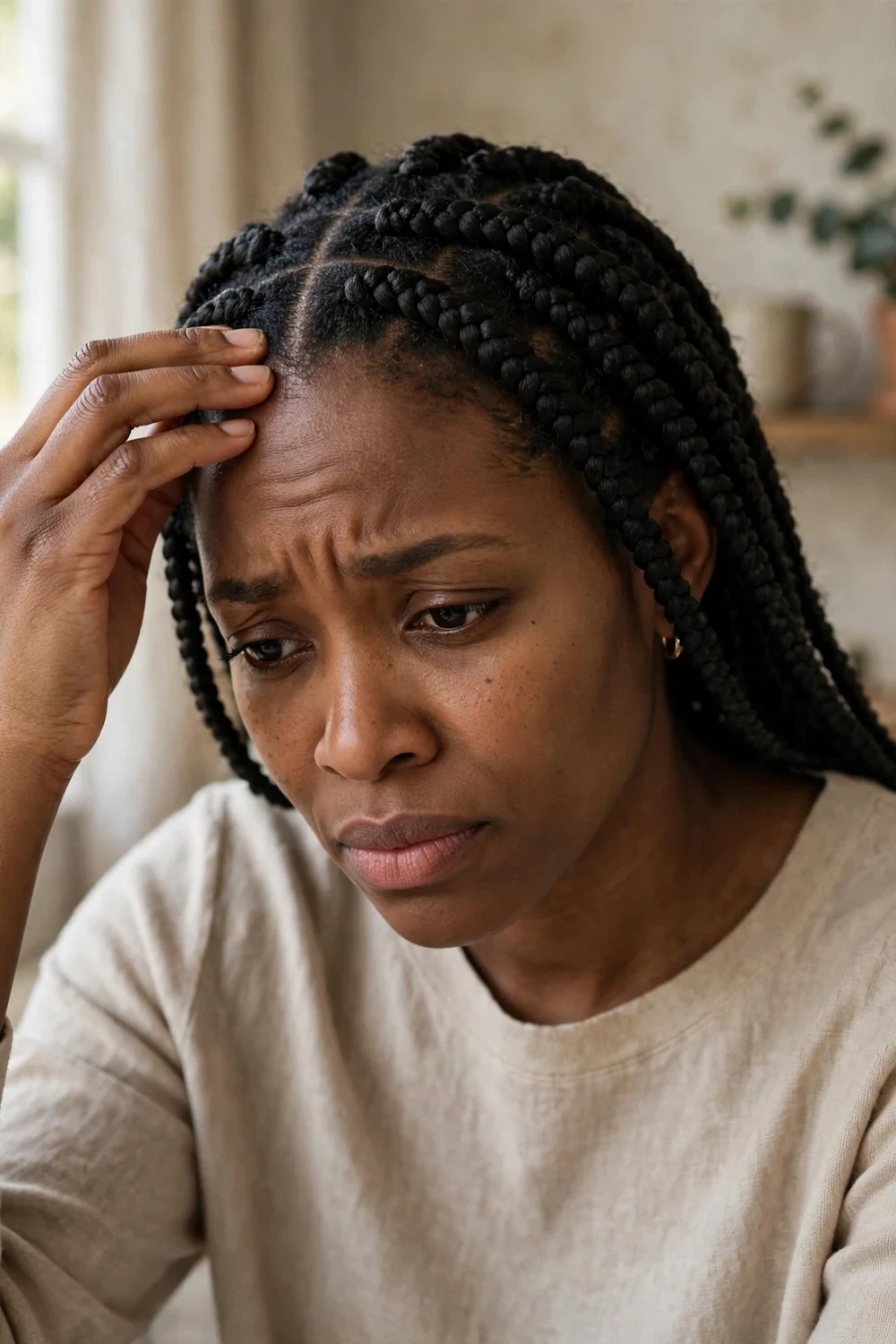 Black woman with tight box braids touching her irritated itchy hairline